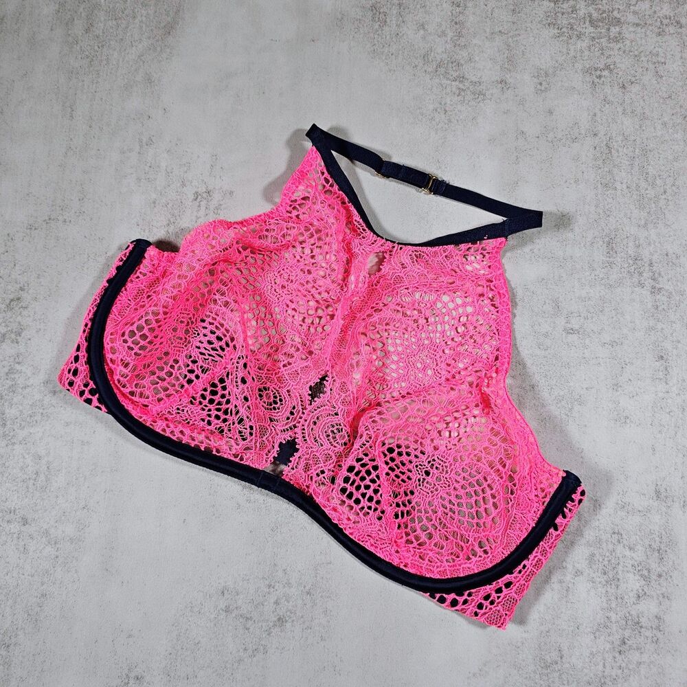Victoria's Secret VERY SEXY Neon Pink/Navy Lace High Neck Halter Bralette 36C